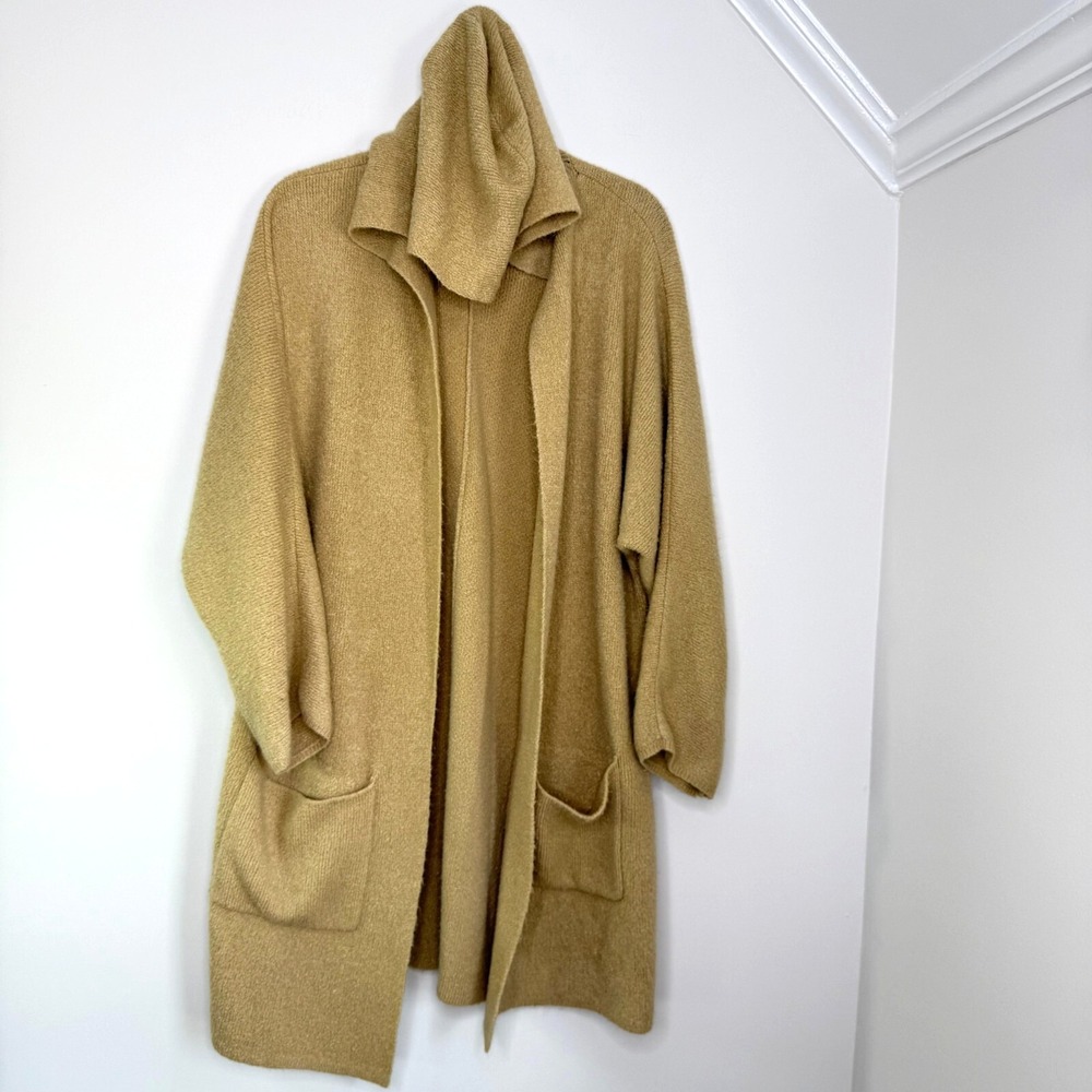 Hummingbird Hooded‎ Cardigan Women's L Tan Knit Open Front Longline Cozy Pockets